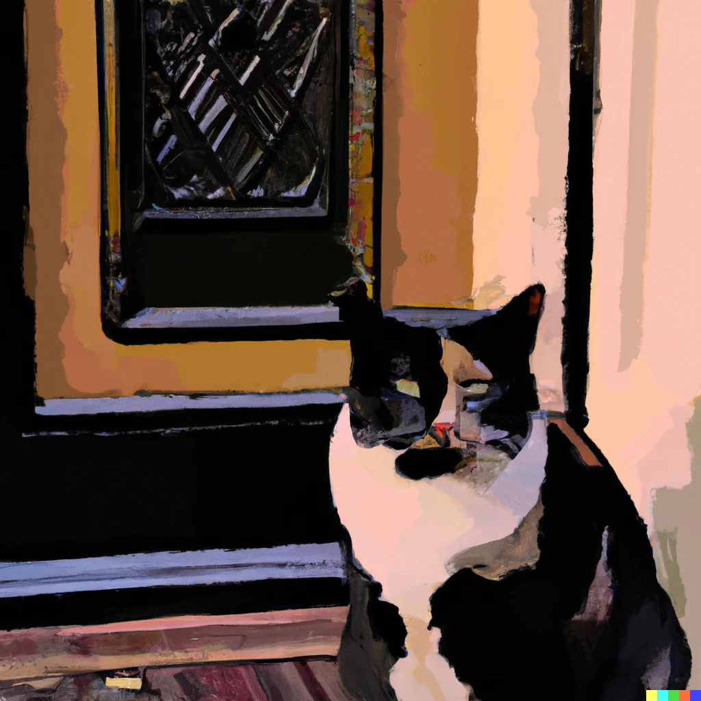 Prompt: Downing Street black front door with a brown and cream cat sitting outside on the front step digital art in the style of Modigliani