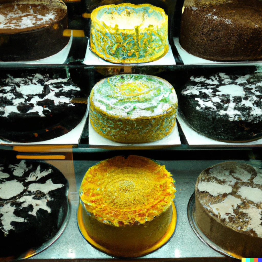 Prompt: Industrial fractal decorated deep frozen cake assortment display at the Mandelbrot bakery