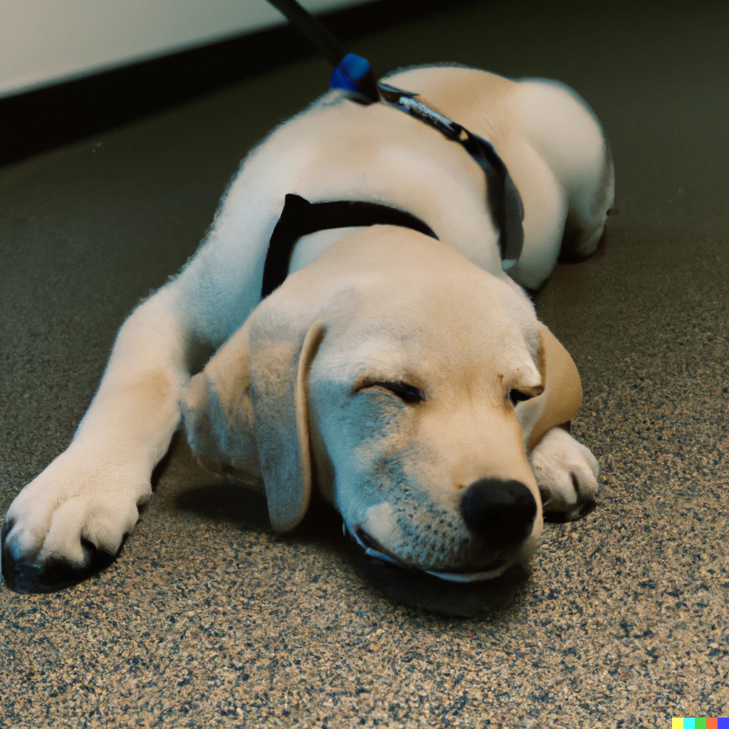 Prompt: This is Benny. He fell asleep during his guide dog initiation photoshoot. 12/10 we still think he has what it takes