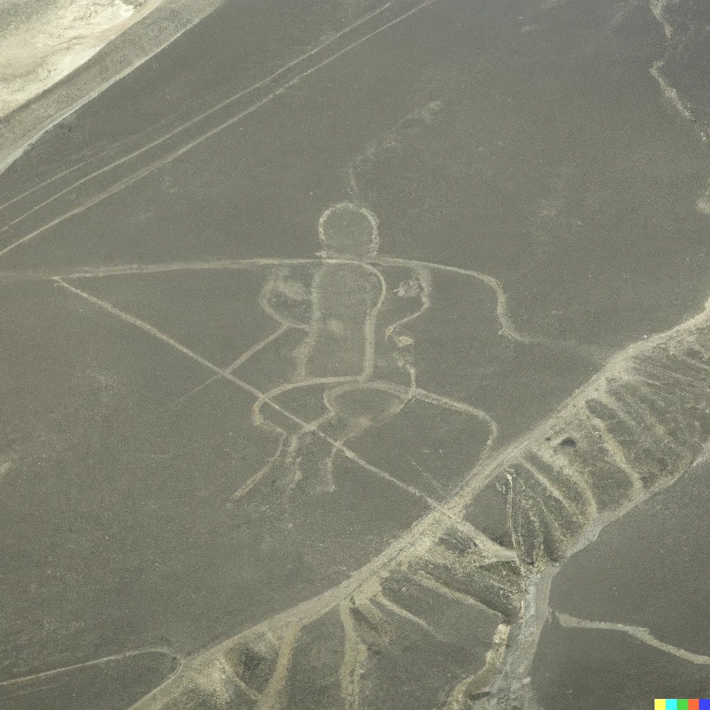 Prompt: A 2000-year-old giant cat geoglyph found amid Peru's famous Nazca Lines