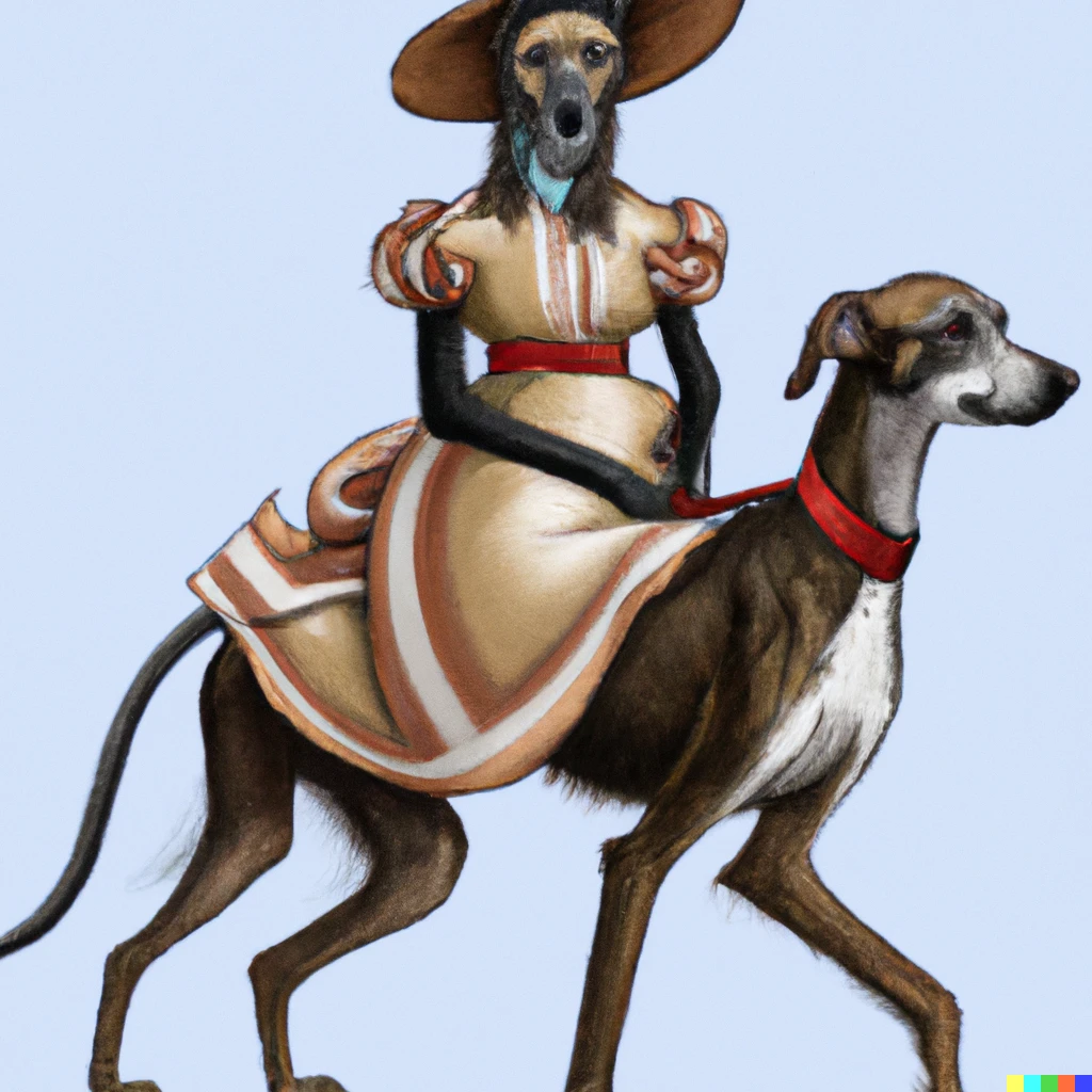 Prompt: A capuchin monkey wearing a dress and hat, riding a greyhound which is wearing a harness