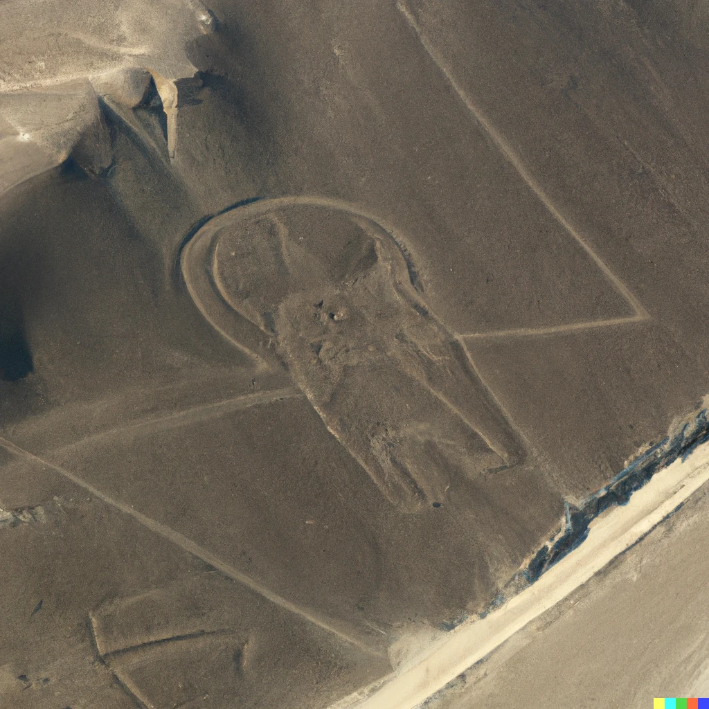 Prompt: A 2000-year-old giant cat geoglyph found amid Peru's famous Nazca Lines