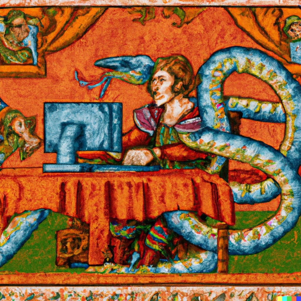 Prompt: medievil tapestry of a man sitting at a computer fighting a 3-headed serpant coming out of his monitor
