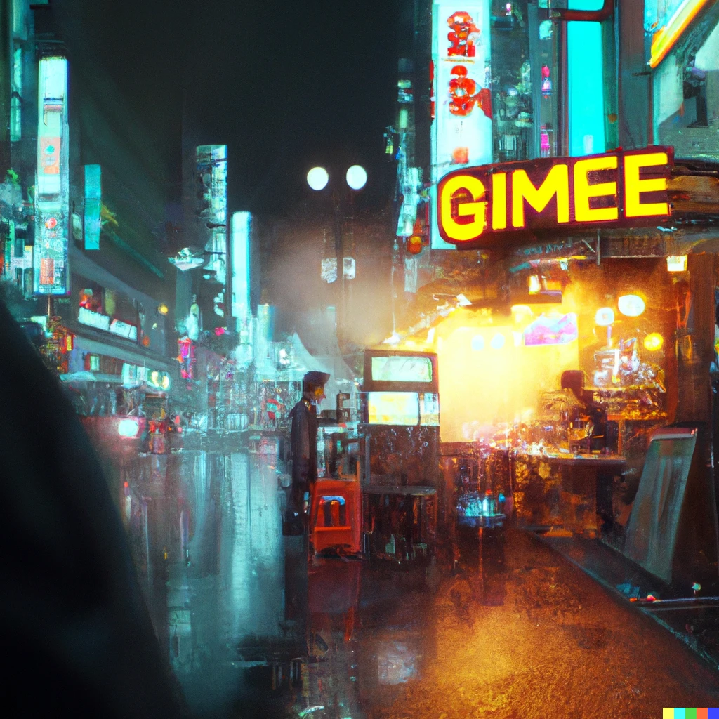 Prompt: "gimme" written in neon signs on a neo-tokyo cityscape at night. it's raining. people and small steaming yatai fill the street. bladerunner. sigma 16mm, f1.4