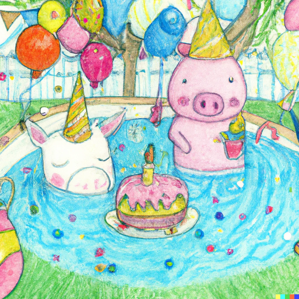 Prompt: cute color pencil sketch of Peppa Pig and a unicorn pinata at an underwater birthday party with strawberry birthday cake in a garden