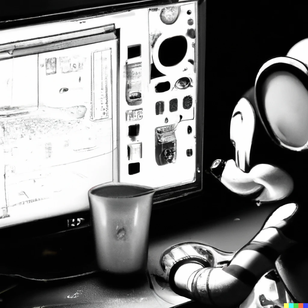 Prompt: A photorealistic High quality Digital art in Black and White where Mickey Mouse drinking Milk and playing On pc in cyberpunk style