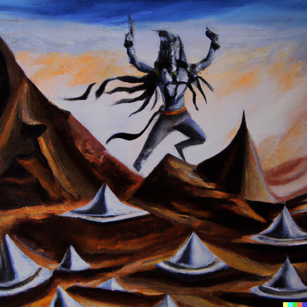 Prompt: Shiva dancing at the top of a desert mountain, oil painting