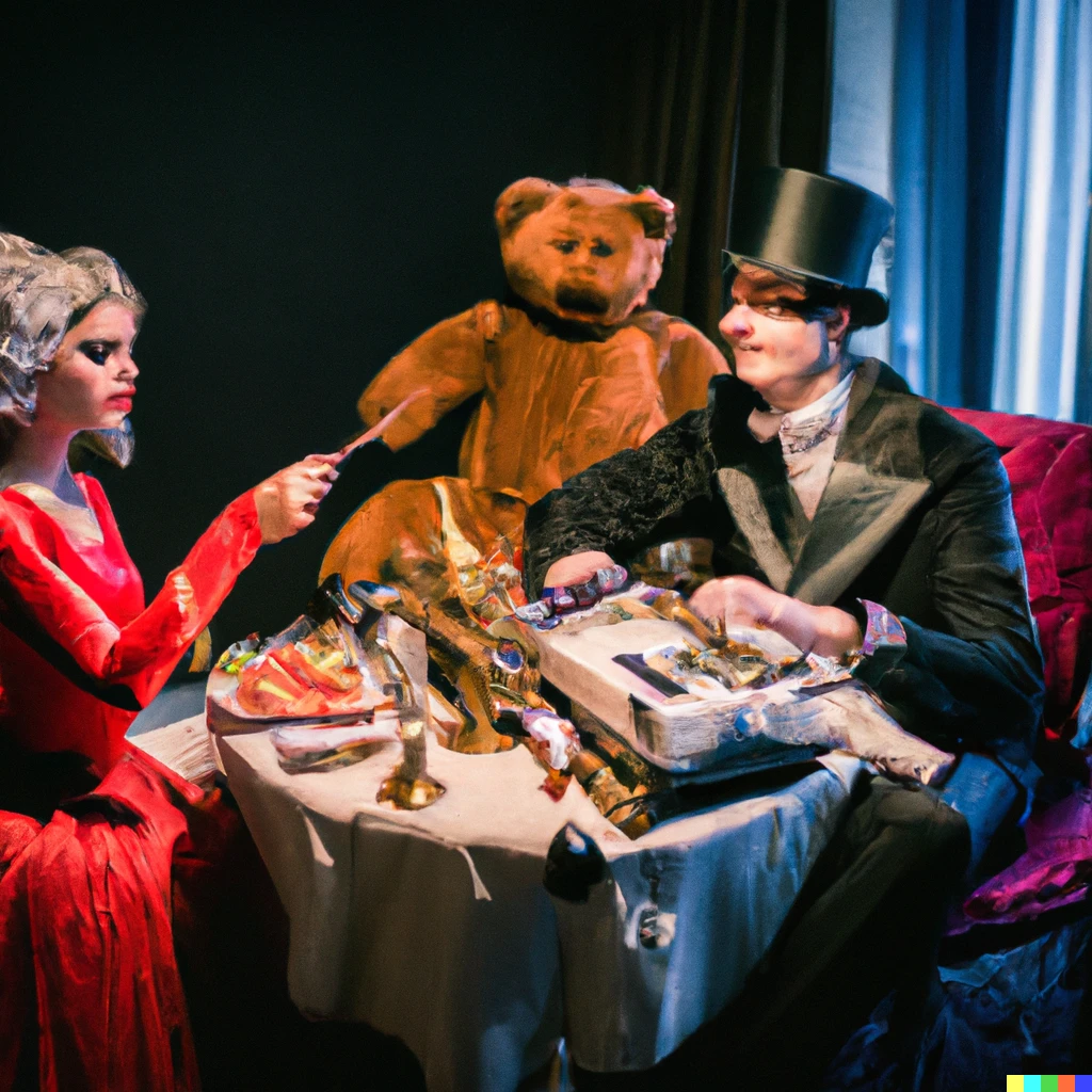 Prompt: A lady in red from the future dining with an aristocrat gentleman in black with a time travel machine and a new stuffed toy next to them, realistic, photography 