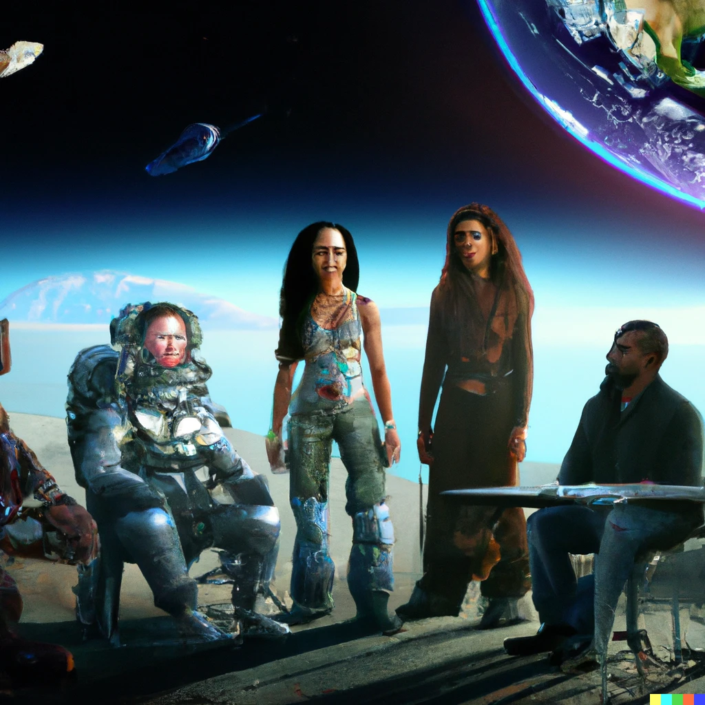 Prompt: A conference on Earth, attended by modern woman, astronaut caveman, and two three-eyed aliens, ultra realistic, 8k super resolution, photo realistic