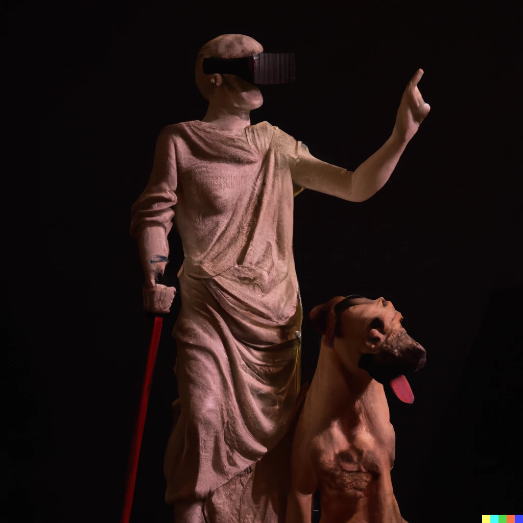 Prompt: An ancient Greek statue of a Jedi human, with a working lightsaber, and her dog, who is wearing a VR headset, realistic, photography 
