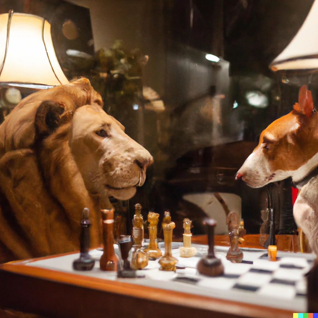 Prompt: A lion playing chess with a Bull Terrier dog next to a window in a restaurant window on a rainy night