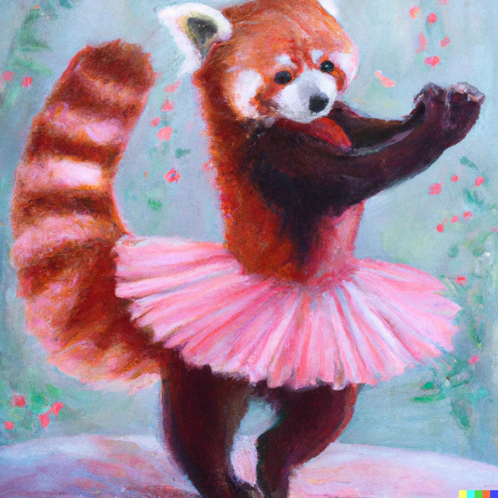 Prompt: “A red panda ballerina wearing a pink tutu and dancing ballet” by Edgar Degas