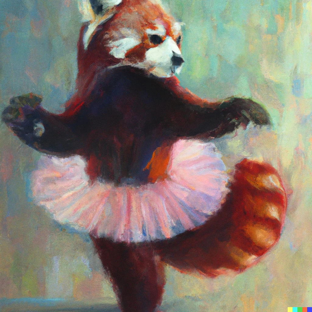 Prompt: A Degas-inspired oil painting of an anthromorphic female red panda wearing a ballerina tutu and dancing ballet gracefully 