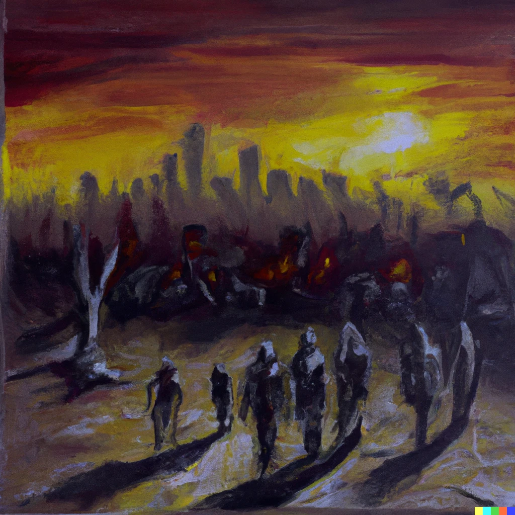 Prompt: An oil painting of zombies with a burning city in the background