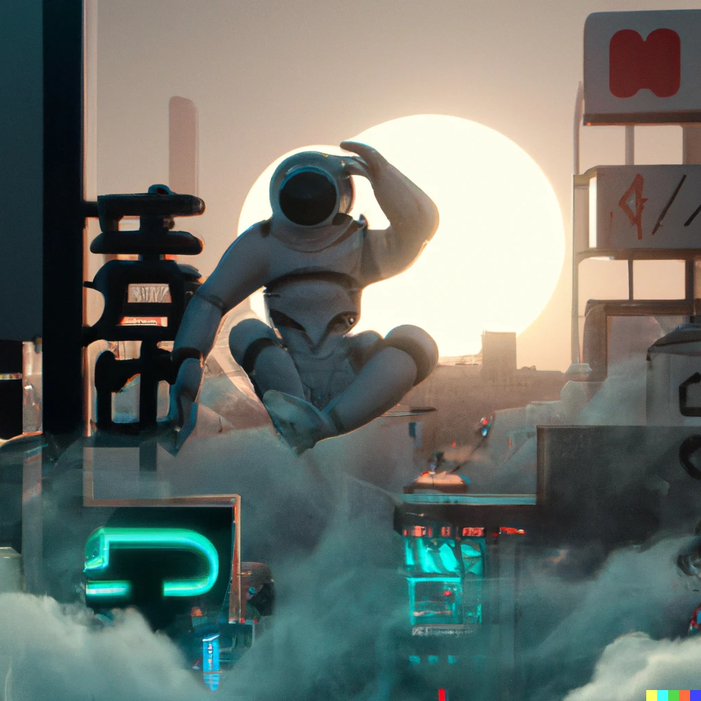 Prompt: a realistic astronaut with a skull face and neon lights behind him while he floats in a cloud city with volumetric fog and japan town signs on the buildings and a sunset in the background