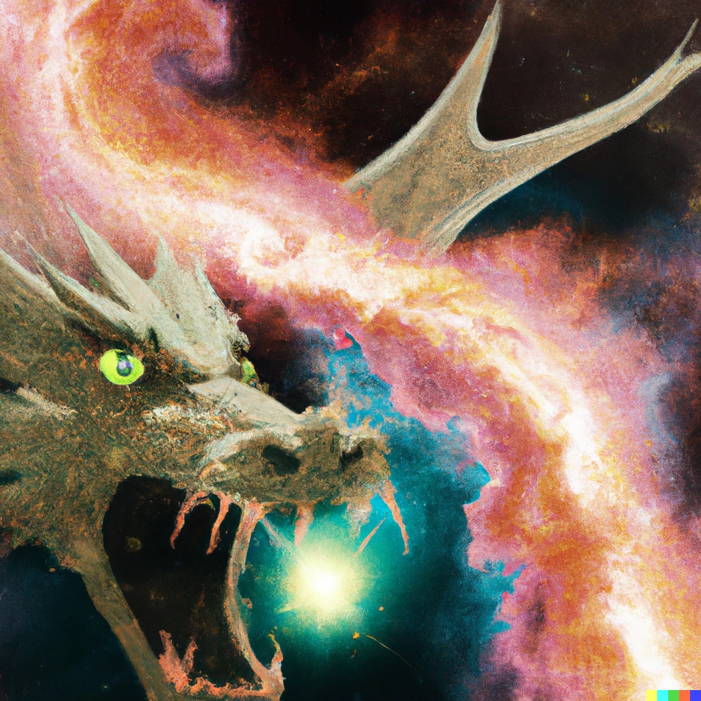 Prompt: Confused dragon observing nebula blast