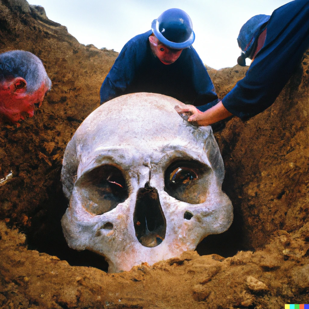 Prompt: Palaeontologists discover giant human skull, partly buried. Award winning photography, National Geographic.