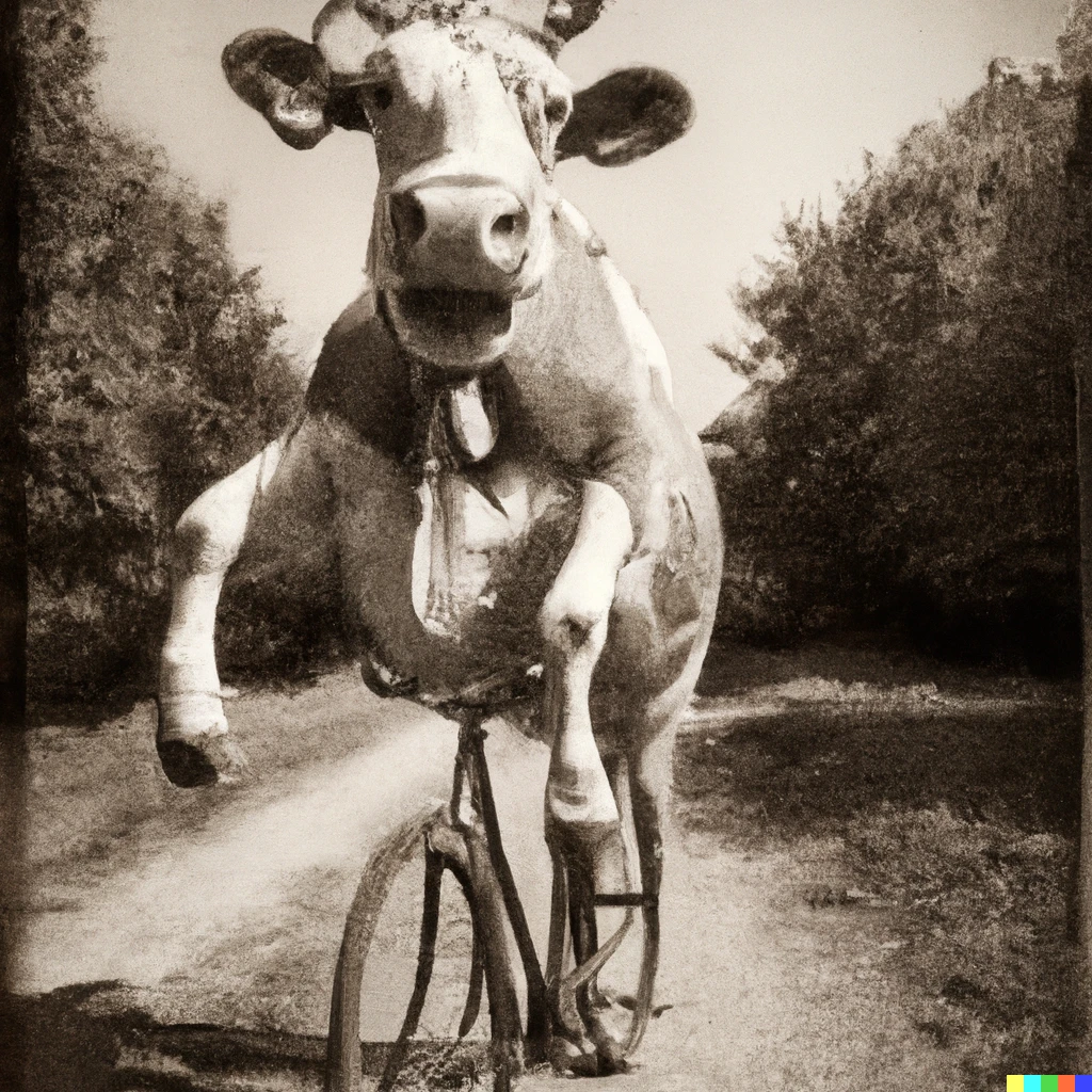Prompt: A funny vintage photograph of a cow riding a bicycle