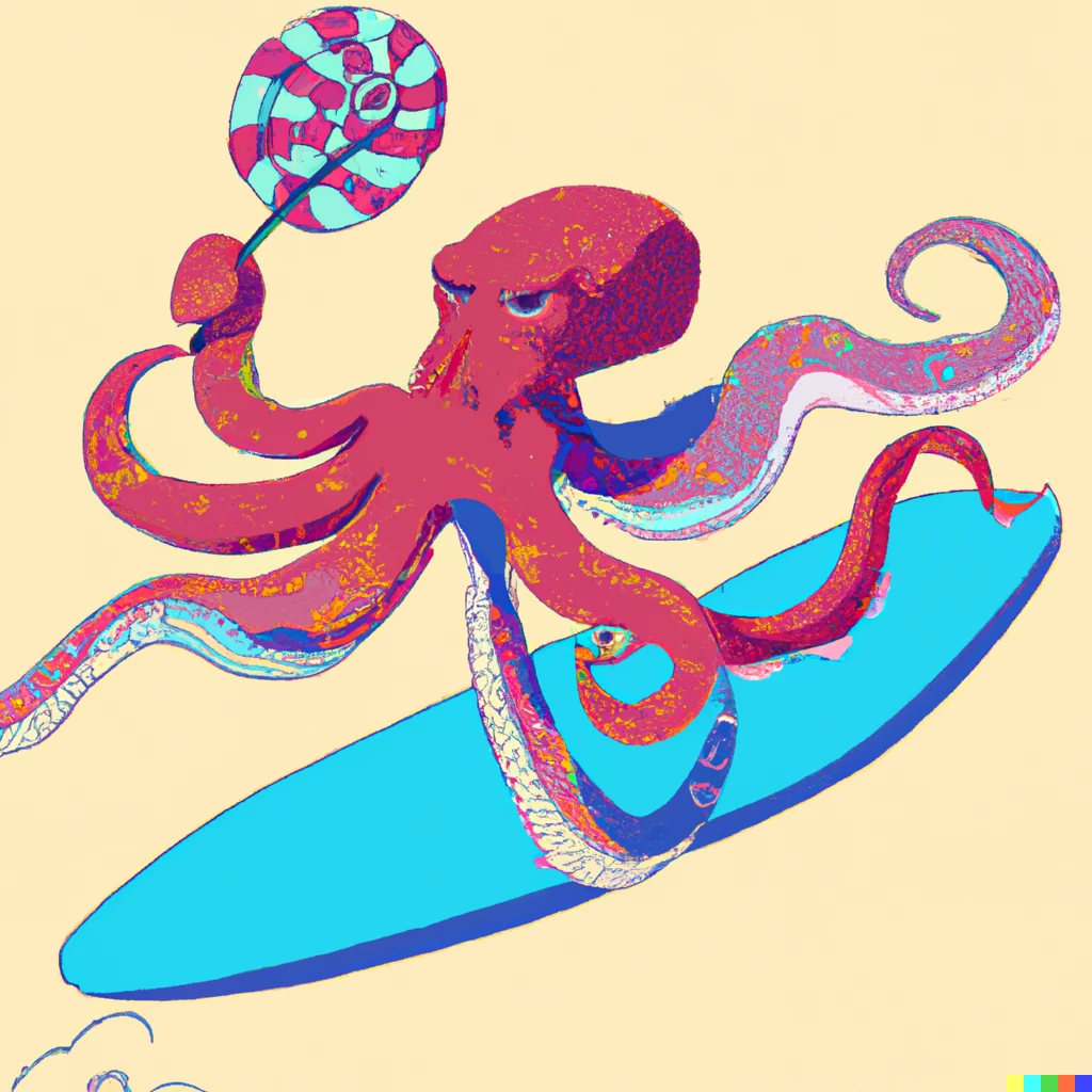 Prompt: An grumpy octopus holding lollipops in each tentacles, riding on the wave on a long surfboard 