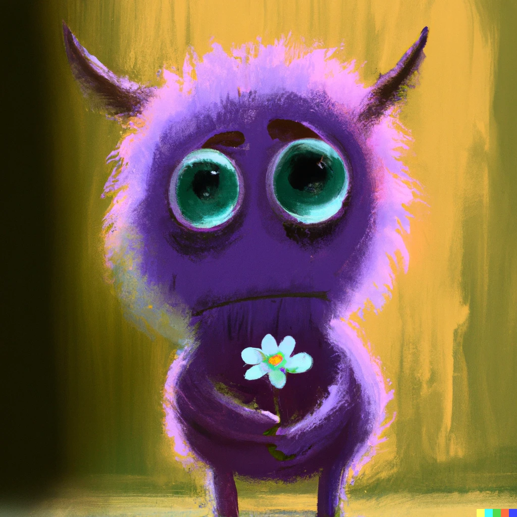 Prompt: A green eyed monster with fluffy purple fur standing on the desk, holding a scary faced small blue flower , digital art.