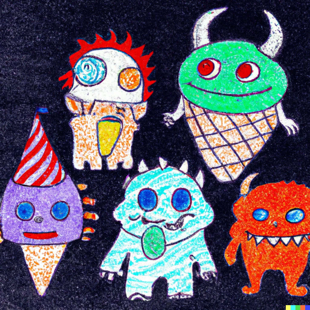 Prompt: crayon drawing of several cute colorful monsters with ice cream cone bodies on dark blue paper, manga