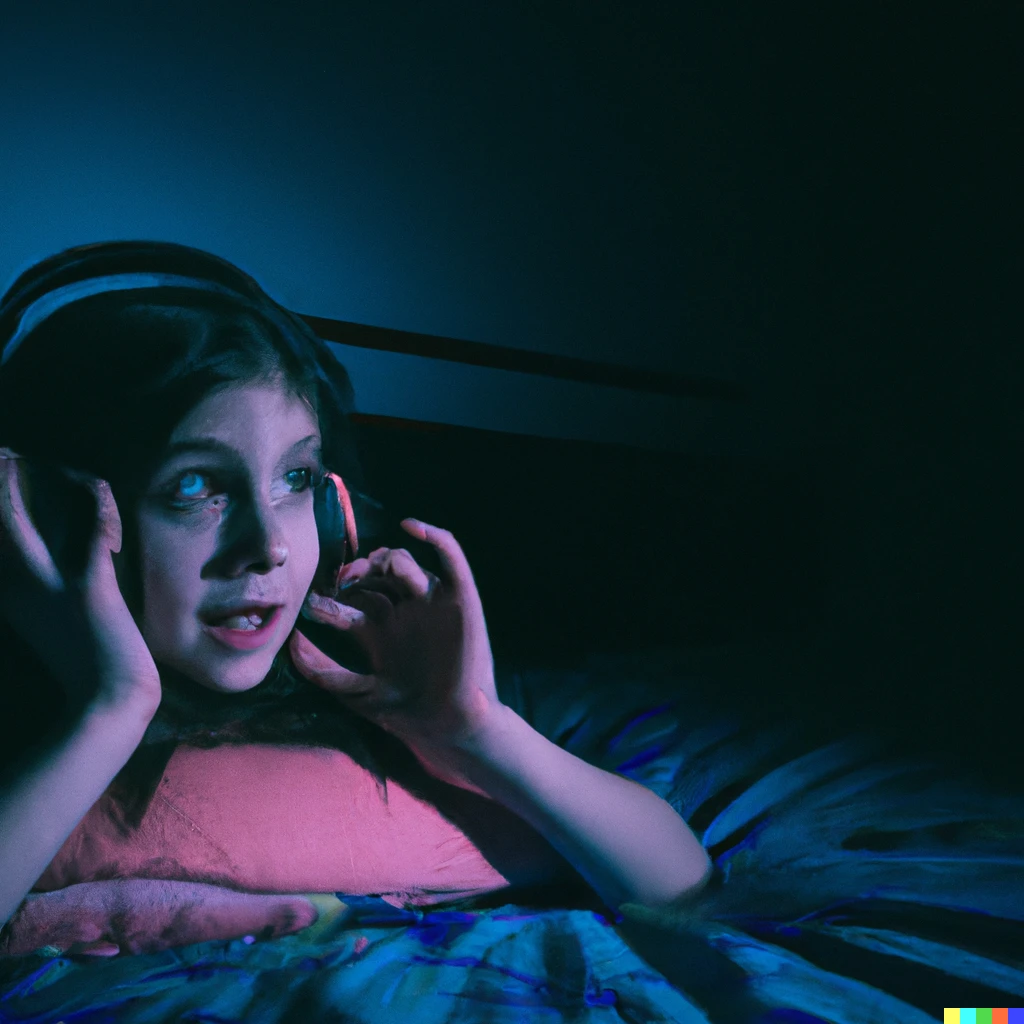 Prompt: A girl lying on the bed in a dark room listening to the radio wearing a huge headphone 