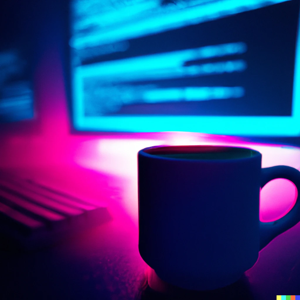 Prompt: Synthwave coffee cup in front of a computer monitor