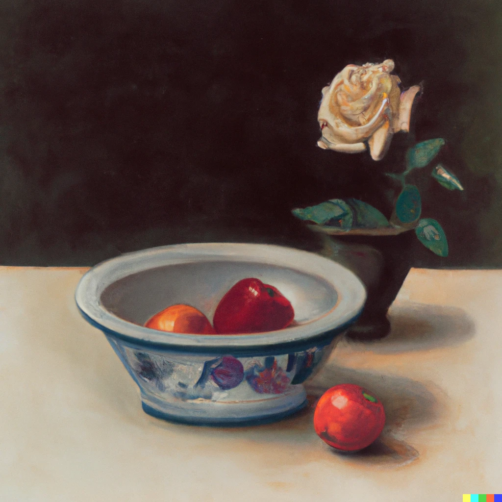 Prompt: A still life painting of a bowl of fruit and a single rose