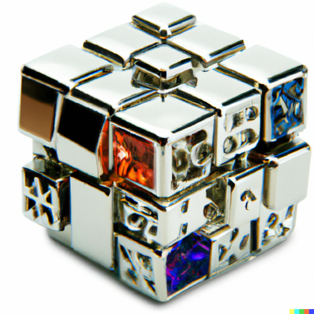 Prompt: rubix cube made out of platinum and jewels