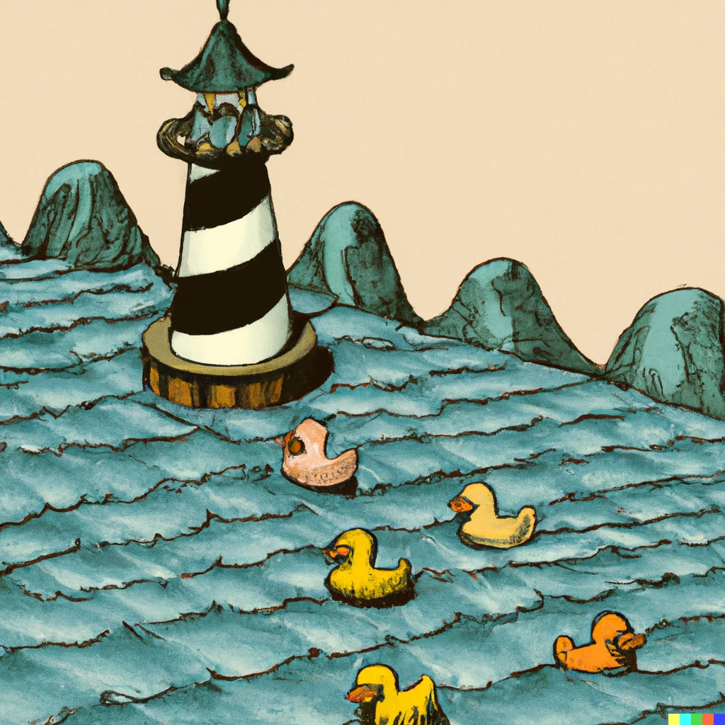 Prompt: lighthouse guiding rubber ducks in the ocean, ukiyo-e