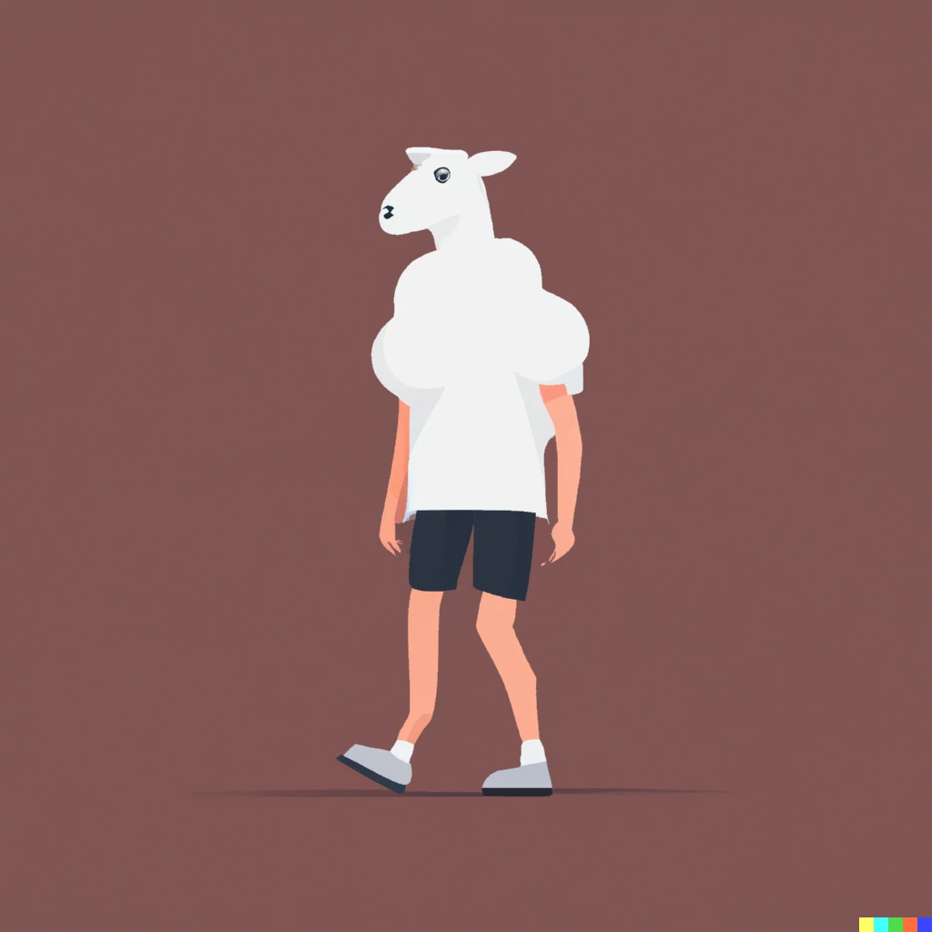 Prompt: A white bipedal sheep character with human legs and arms