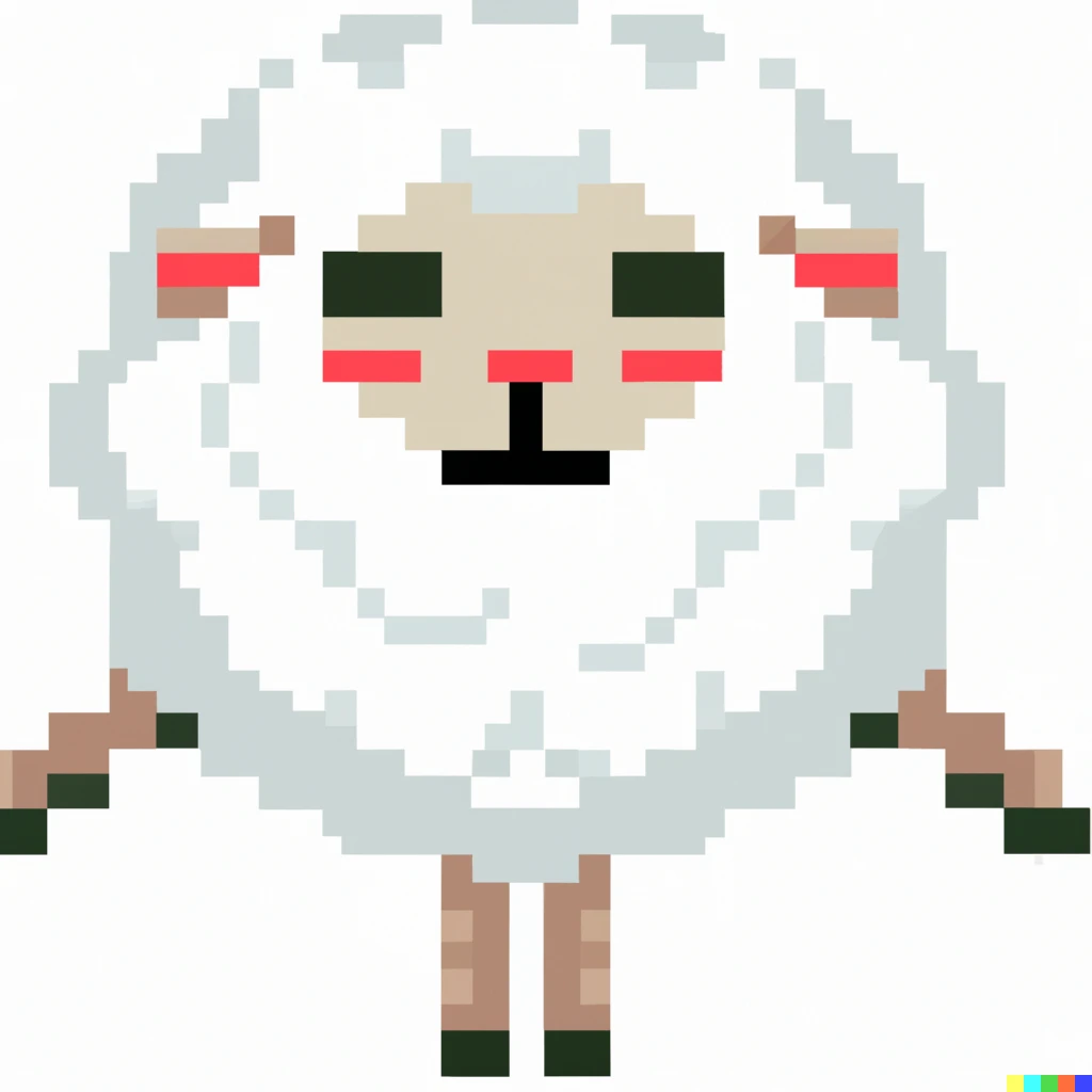 Prompt: A white spherical sheep character with human legs and arms, pixel art