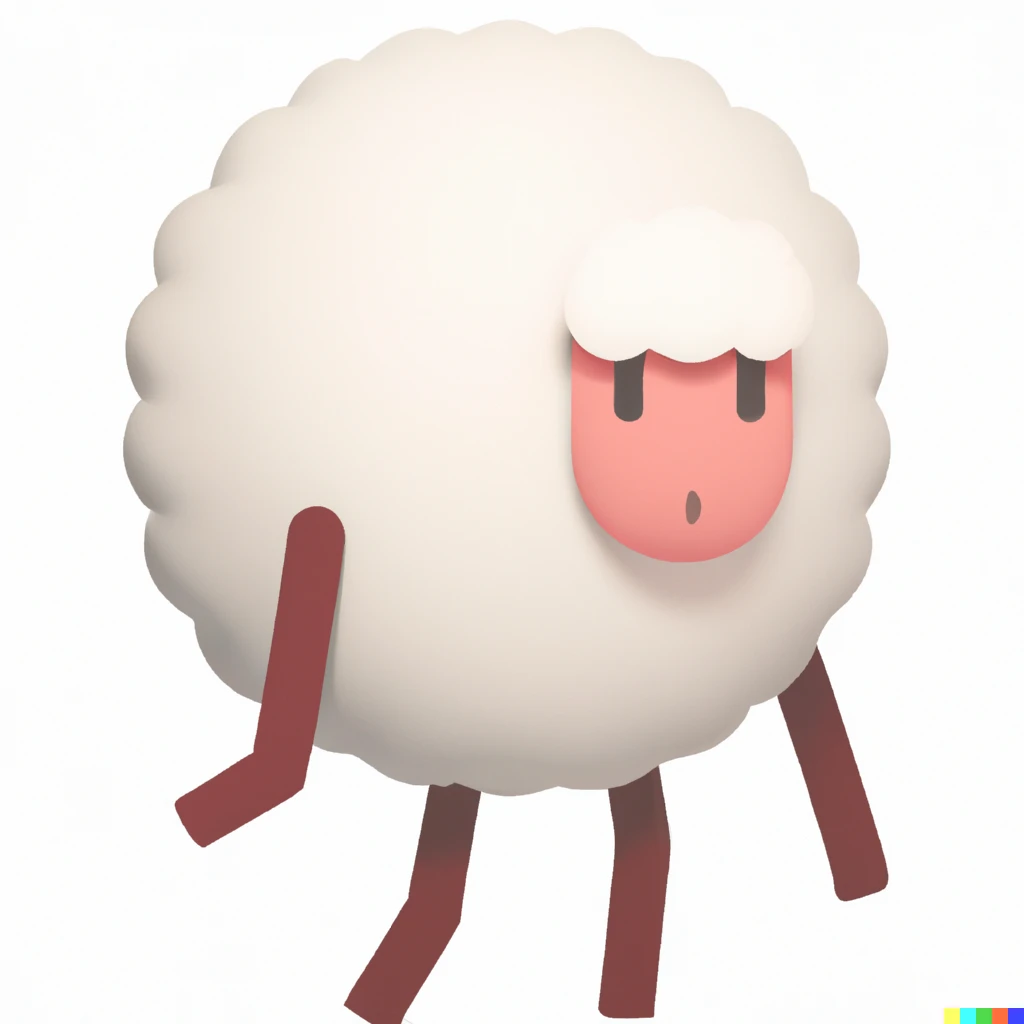 Prompt: A white spherical sheep character with human legs and arms
