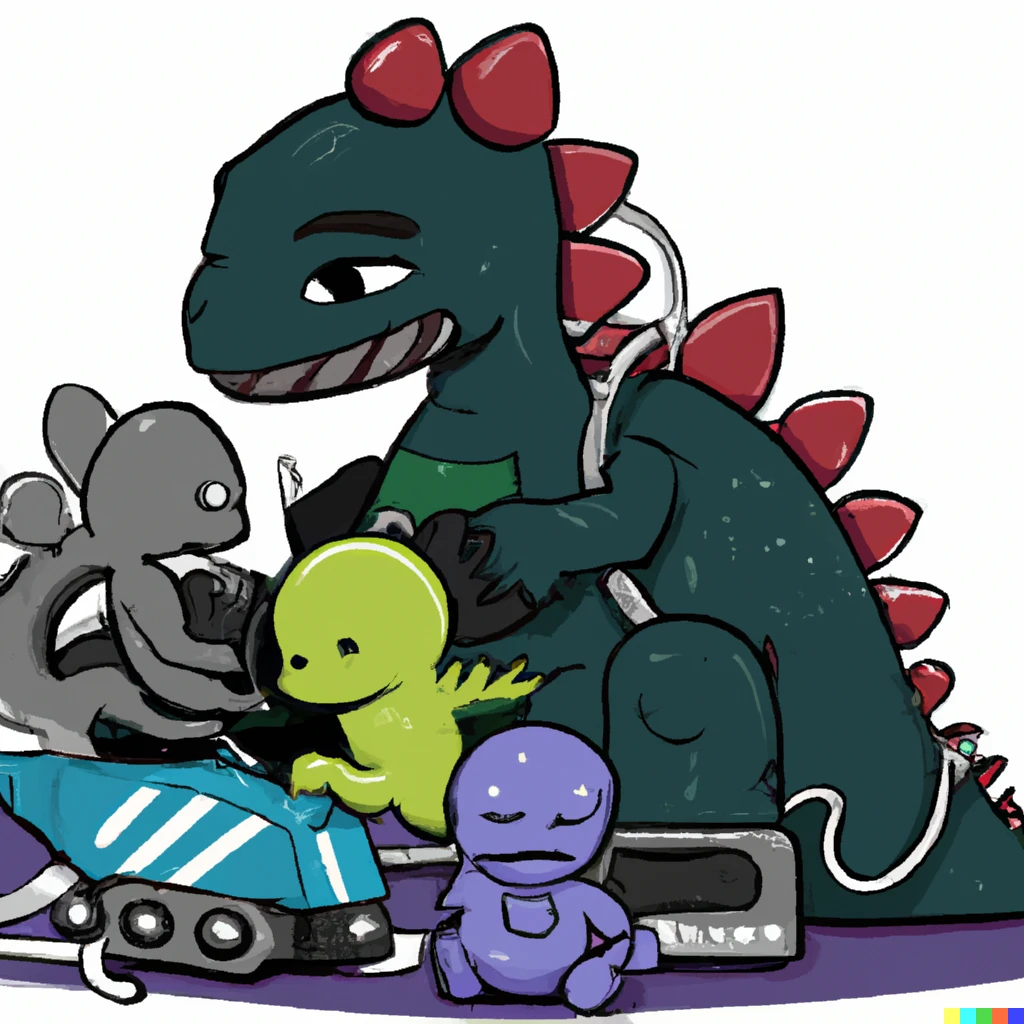Prompt: Cartoon Godzilla taking care of her robot babies