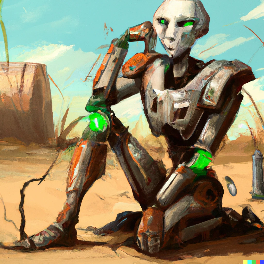 Prompt: a sentient robot that will soon run out of battery power pondering his future while prehistoric humans threaten him with spears, digital art