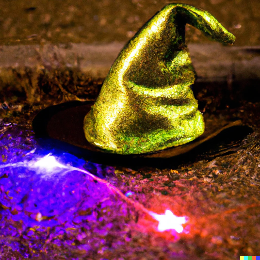 Prompt: neon witch hat with glitter on the ground