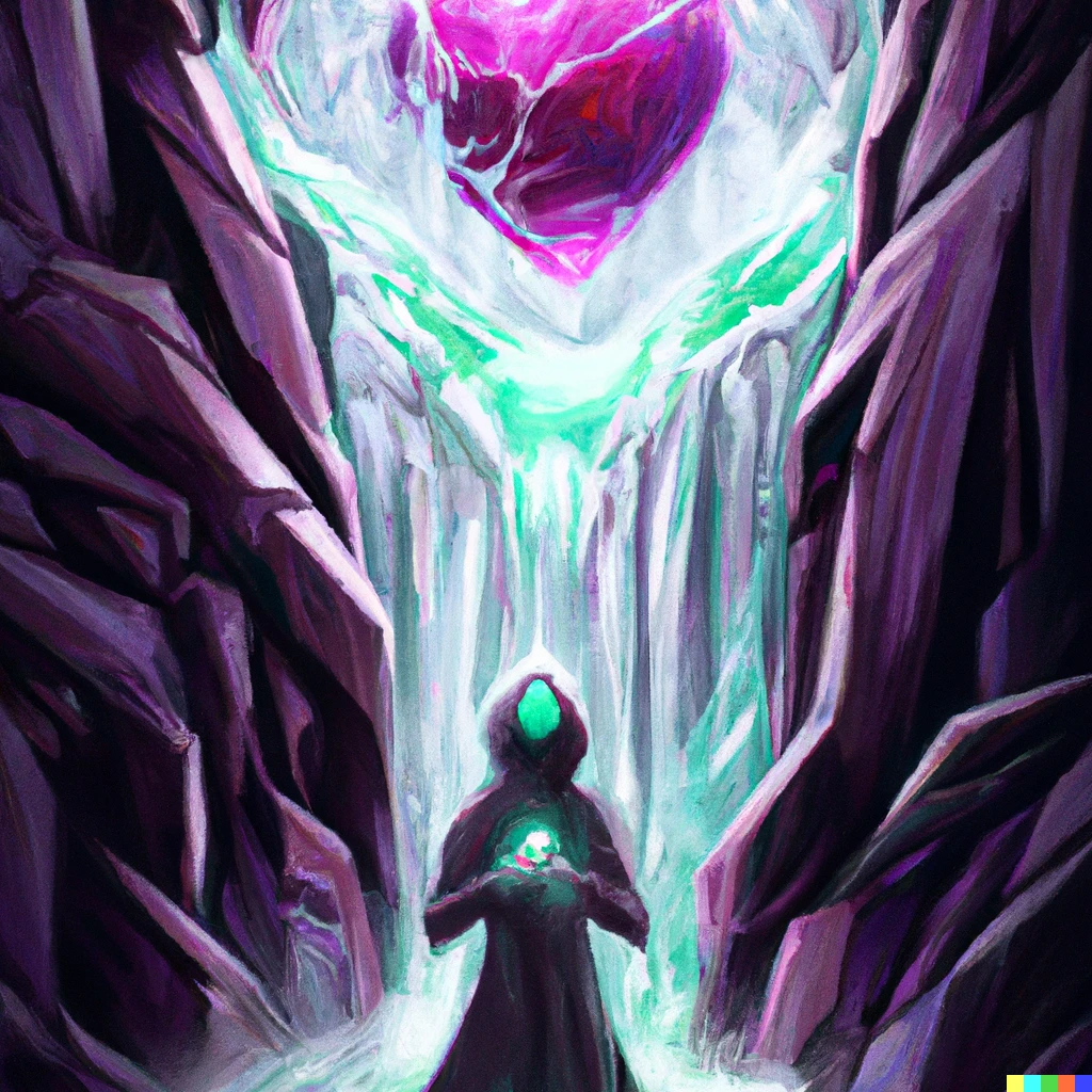 Prompt: A spirit in a waterfall of hearts, digital art