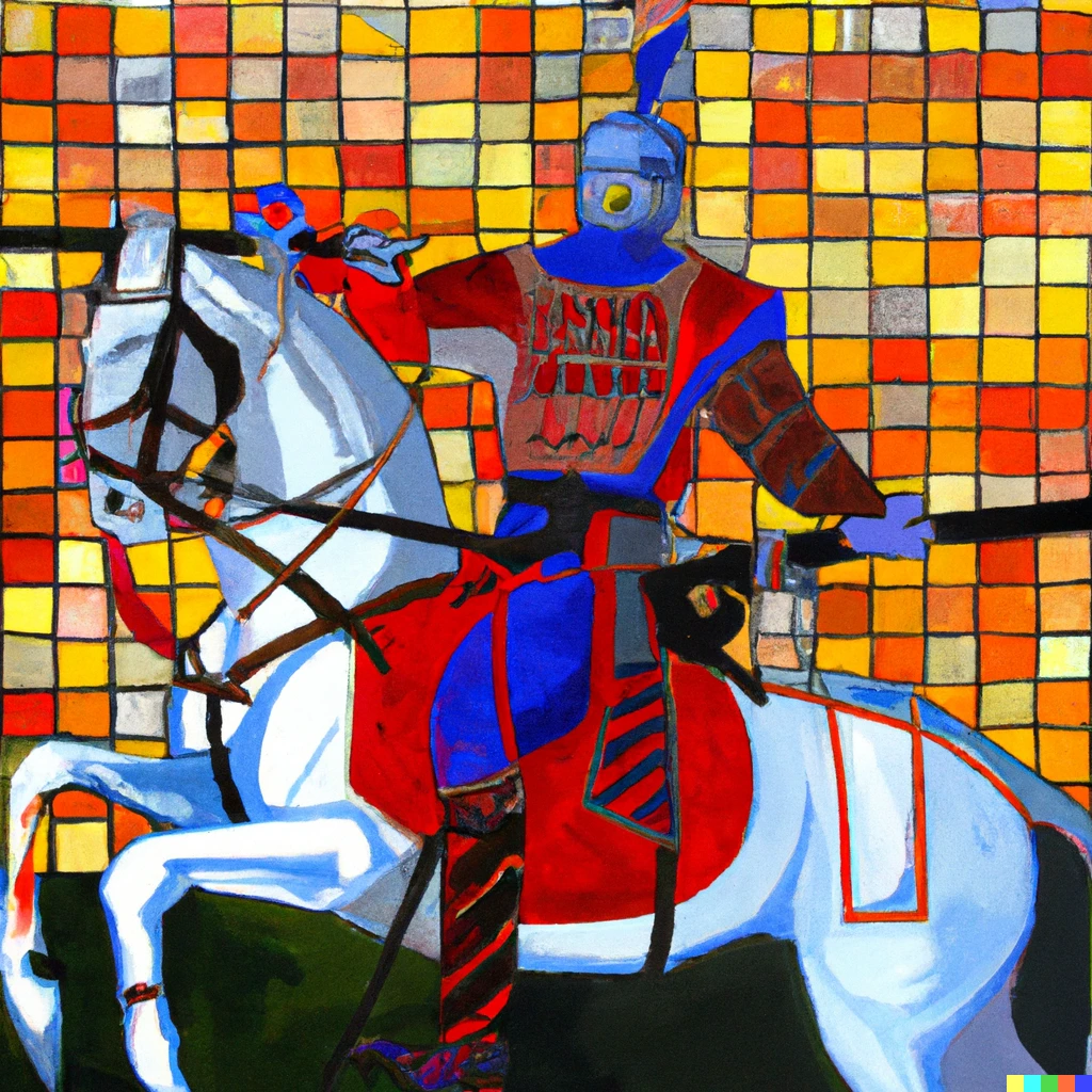 Prompt: a classical painting of a Turkish warrior on a horse by Mondrian 