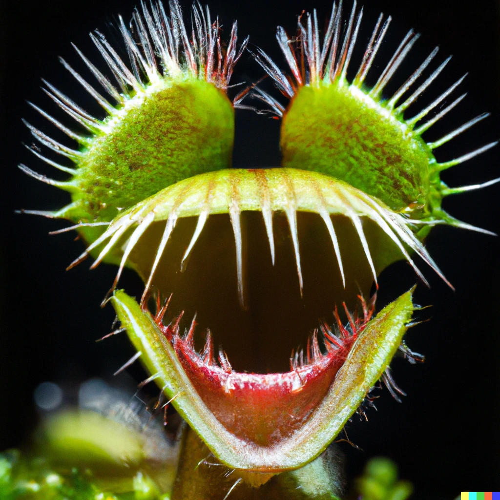 Prompt: Happy anthropomorphic venus flytrap, studio, portrait, dark bg, detailed