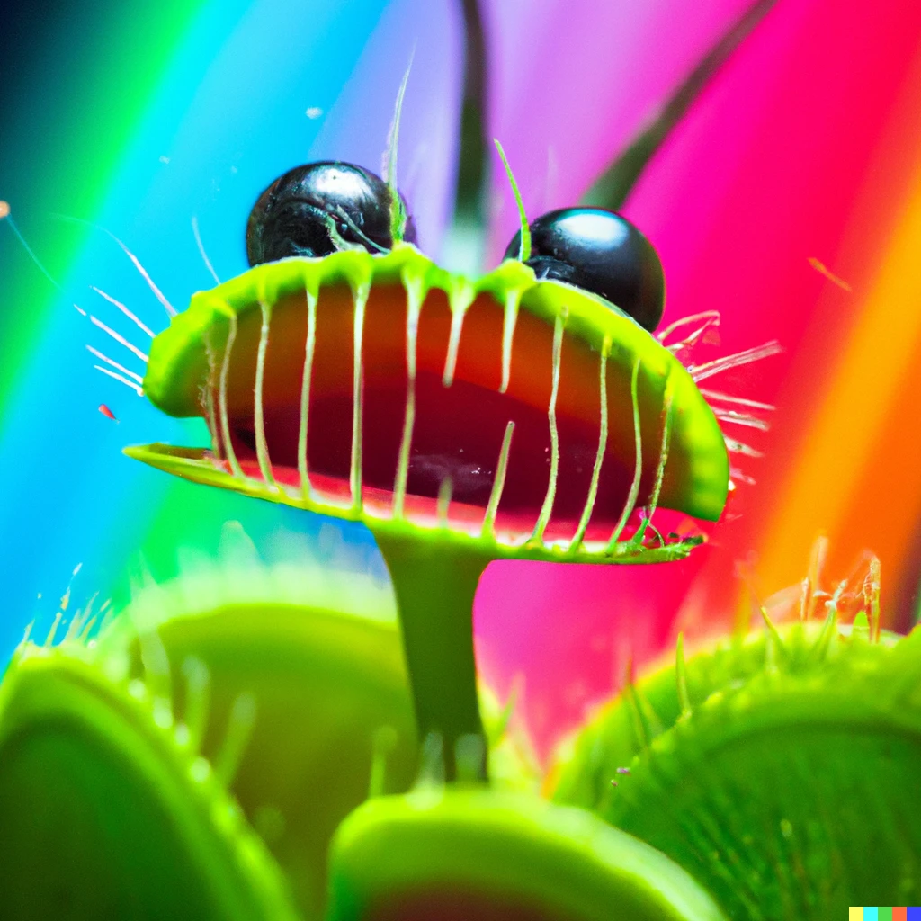 Prompt: Happy anthropomorphic venus flytrap, studio, portrait, rainbow bg, detailed