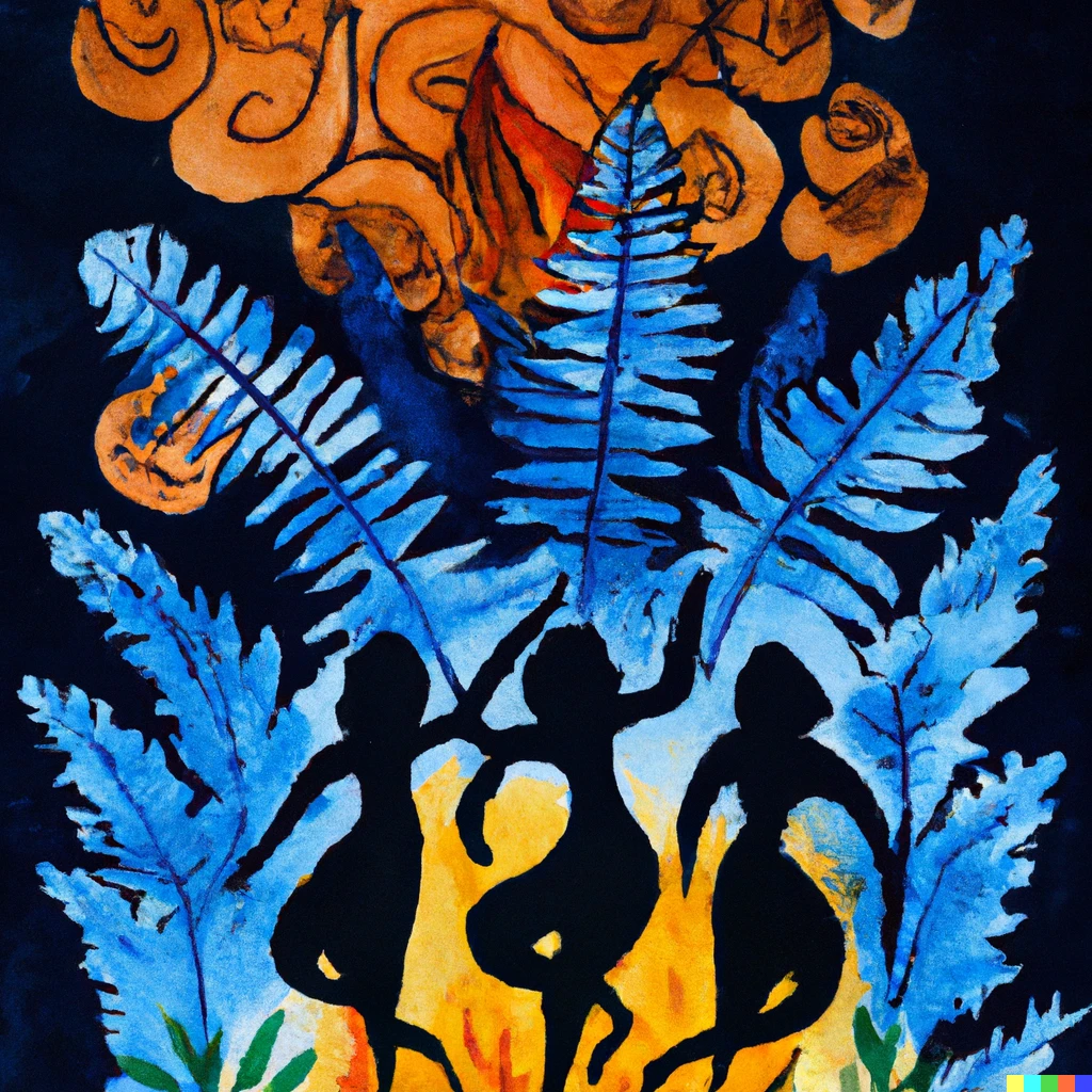 Prompt: Beautiful naturist female silhouettes dancing around summer solstice bonfire with a fern flower above, colorful watercolor painting