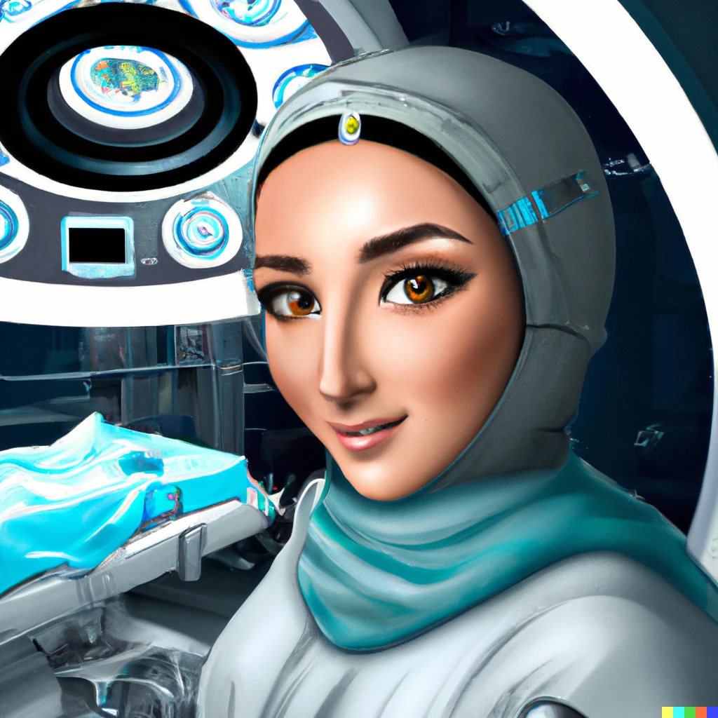 Prompt: A proud and happy Afghan girl working as a surgeon in a futuristic hospital, digital art