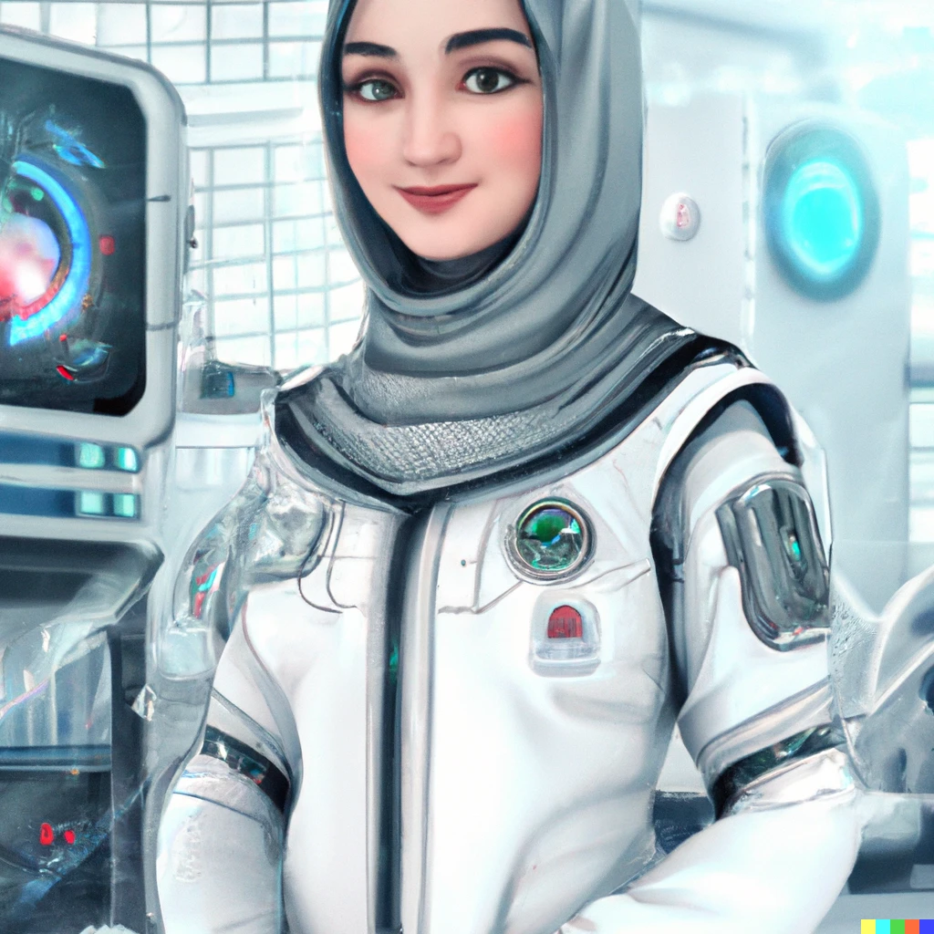 Prompt: A proud and happy Afghan girl working as a surgeon in a futuristic hospital, digital art