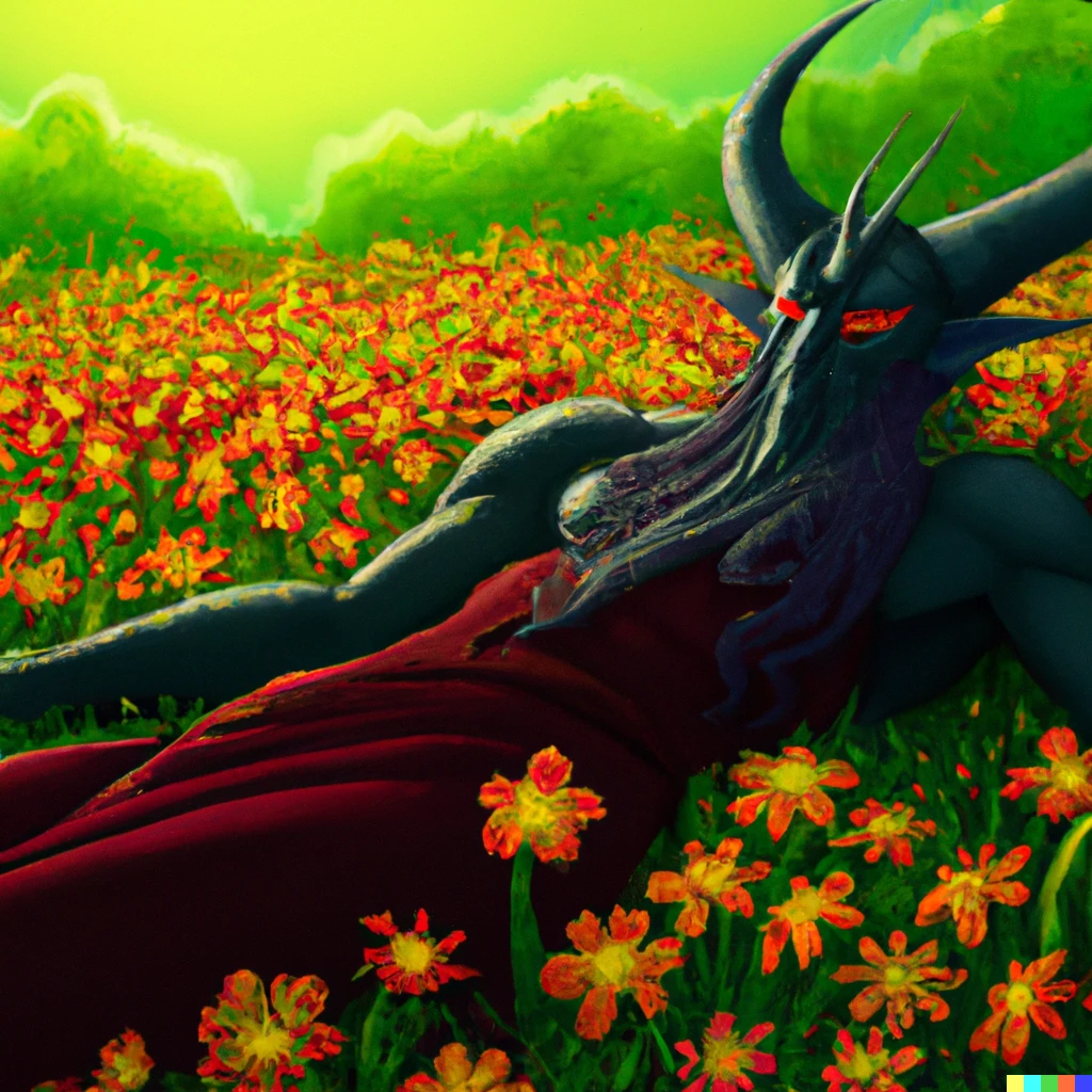Prompt: Lord Sauron, laying relaxed on a blossoming meadow, digital art