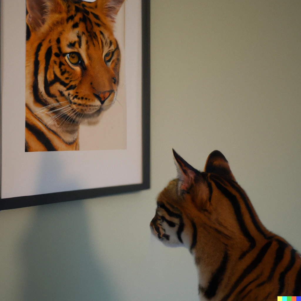 Prompt: A cat looking at a picture of a tiger in a house.