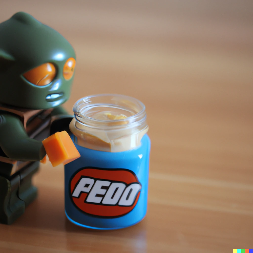 Prompt: lego yoda eating a jar of peanut butter