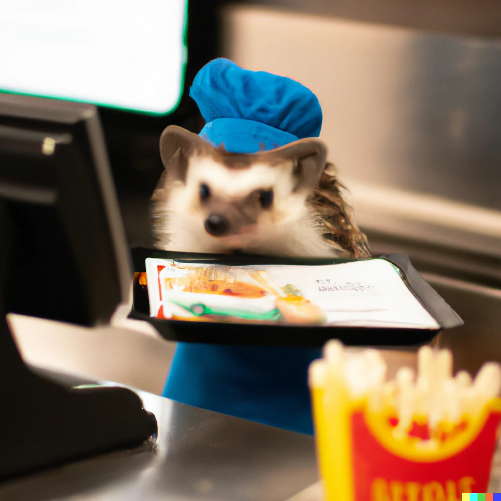 Prompt: sonic the hedgehog working at a fast food restaurant, award winning photo
