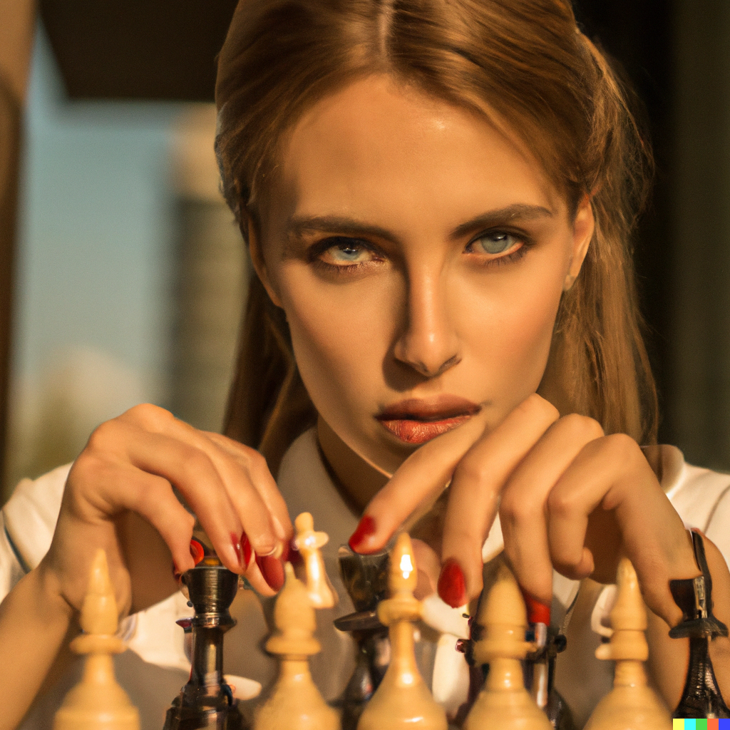 Luis × Dall·e 2 Gorgeous Caucasian Young Woman Playing Chess Looking