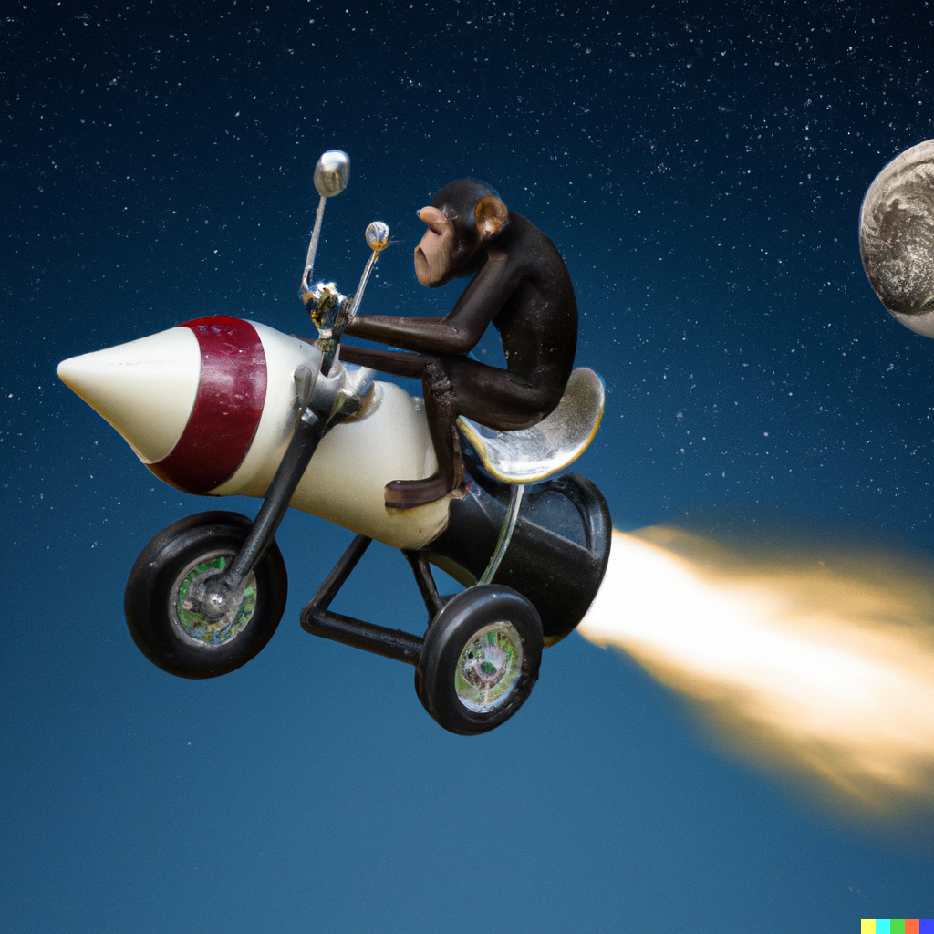 Steward × DALL·E 2 | chimpanzee riding on a squeaky tricycle racing