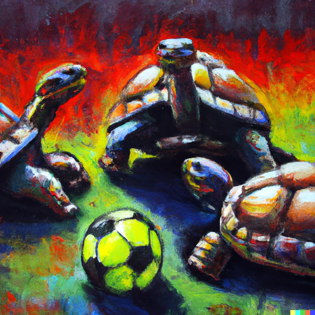 Prompt: oil painting of soccer playing turtles